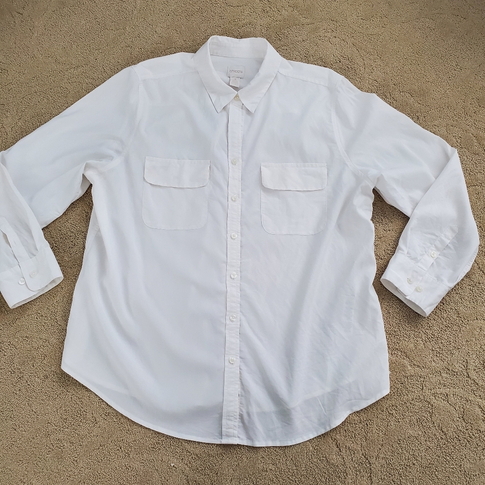 Chico's Sz 3 Modal Polyester Spandex White Long Sleeve Button Up Blouse